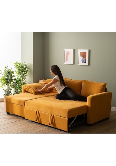 Pafu Kado Yataklı Köşe Koltuk Takımı - Bohem Hardal Hardal