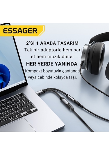 Essager 2in1 Type-c Adaptör 60w Hızlı Şarj + Type C Kulaklık Çıkışı, Hifi Ses Ve Hızlı Şarj Adaptörü Gri