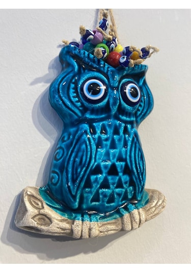 El Yapımı Nazar Boncuğu, Duvar Dekorasyon Ürünü, Seramik, El İşçiliği, Turkuaz Renkte Baykuş Desenli -