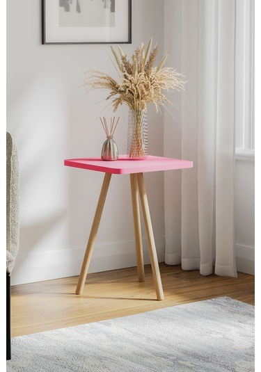 İntergo Kare Tasarımlı Ahşap Ayaklı Tekli Zigon Sehpa Pembe