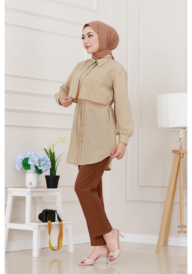 Sevitli Beli Bağcıklı Allerli Taşlı Tunik-bej-5219 Bej