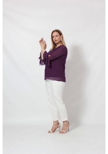 3119m Mürdüm Kolu Valon Ve Bağcık Detaylı Bluz Mürdüm