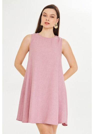 Gül Kurusu Keten Karisimli Yazlık Sifir Kollu Çan Elbise Açık Pembe