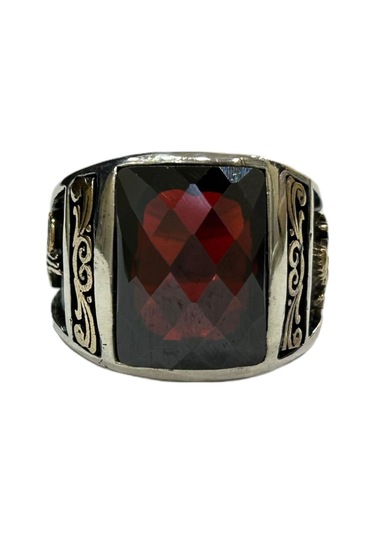 Erkek Yüzük 925 Ayar Kırmızı Taşlı Osmanlı Tuğralı Ve Armalı Gümüş Yüzük G714027