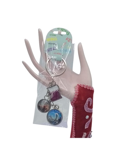 Katar Üçlü Epoksi Metal Çift Taraflı Damla Anahtarlık Qatar Gümüş