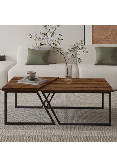 Verona İkili Orta Sehpa Modern Tasarım Metal Ayaklı Sehpa Seti Antik Ceviz