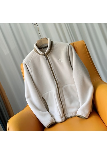 Erkek Kışlık Düz Renk Kuzu Derisi Kalın Ceket Bej-beyaz