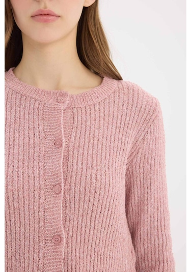 DeFacto Slim Fit Dar Kesim Bisiklet Yaka Düğmeli Triko Hırka E4613AX25SPPN81 Pembe