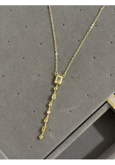 Çelik Mini Taşlı Gold Y Kolye Altin