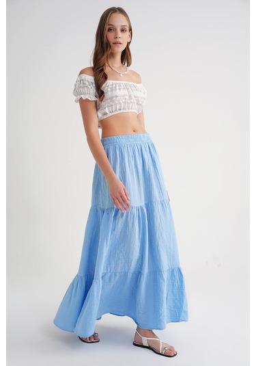 4567 Kadın Fırfırlı Uzun Müslin Etek Bebe Mavi Bebe Mavisi