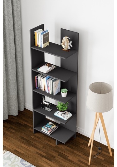 Asimetrik Beş Raflı Kitaplık Antrasit Gri