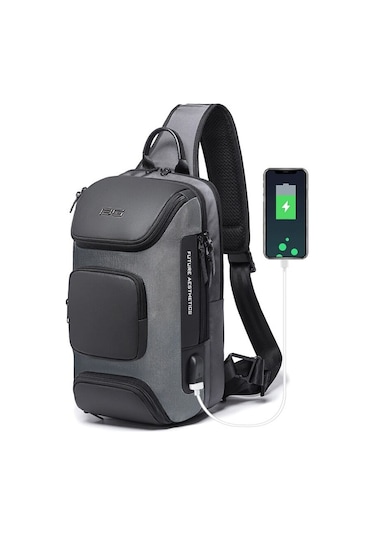 Bange Bg-7086 Usb Şarj Portlu Tek Askılı Göğüs Omuz Sırt Çantası Gri