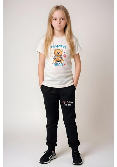 Fyk Kids Kız Çocuk Baskılı Happy Bear Bel Detayı Lastikli Alt-üst Pijama Takımı KREM Krem