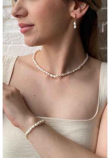 7,5 Mm Yassı Barok İnci Bileklik 20 Cm / Beyaz Beyaz Beyaz Altın