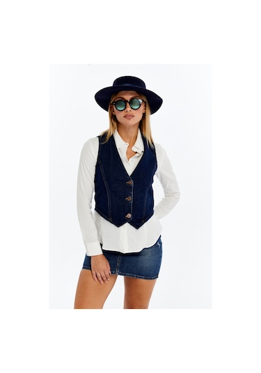 Kadın Denim Yelek Şık Düğmeli Jean Yelek, Günlük Ve Casual Kombin Koyu Mavi