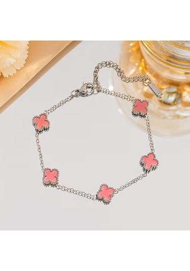 Çelik Bileklik Dört Yapraklı Küçük Yonca Pembe Sedef Taşlı Uzunluk 18 Cm Gümüş Gümüş