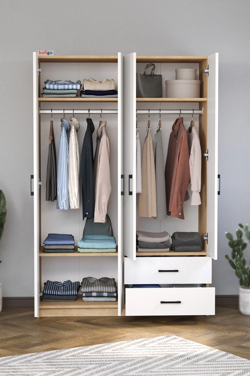 4 Kapaklı 2 Çekmeceli 5 Raflı Gardırop Elbise Dolabı 4 Kapaklı Gardırop Smyrna Safir Meşe Beyaz Safir Meşe