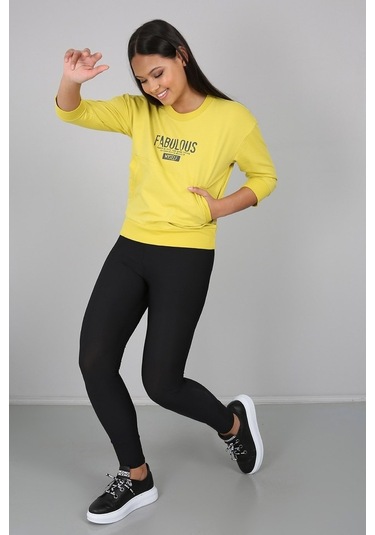 Baskılı Kanguru Cepli Yarım Kollu Sweatshirt Sarı