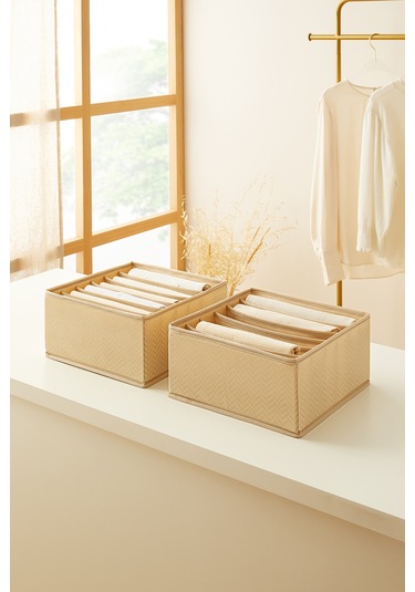 Ocean Home Textile 2'li 6 Bölmeli Bej Balıksırtı Desenli Çekmece İçi Düzenleyici Kutu Set 28 x 28 x 13 cm