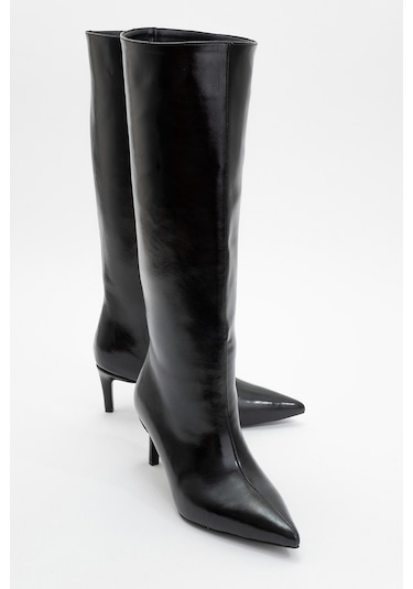 Camila Siyah Cilt Kadın Topuklu Çizme Siyah Mat
