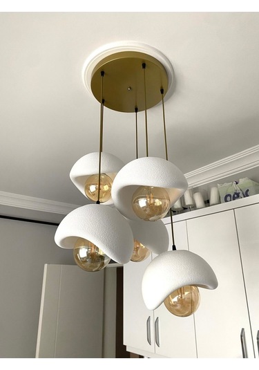 Modern 5'li Avize Beton Dokulu - Salon Ve Oturma Odası İçin Şık Tasarım Rustik Ampul Hediyeli Eskitme - Gold