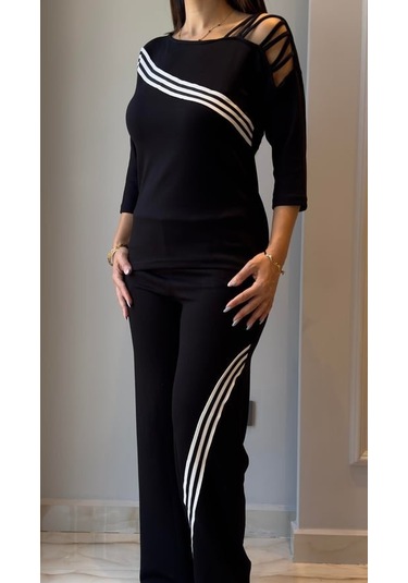 Tua Moda Kadın Uzun Kollu Truvakar Kol Tek Omuz Çapraz Şerit Detaylı Ribanalı Viskon Iki Iplik Bluz Ve Pantolon Ikili Takım Siyah