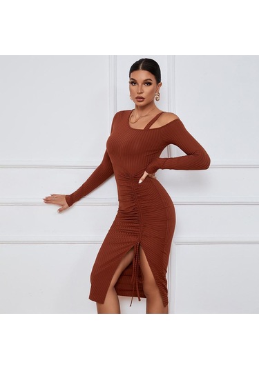 Hnxc Kadın Moda Yaz Bahar Düz Renk Baskı Uzun Kollu Yüksek Bel Günlük Elbiseler Bordo