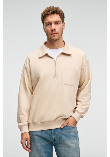AUGUST Erkek %100 Pamuk Yarım Fermuarlı Yakalı Cepli Süs Etiketli Bej Sweatshirt