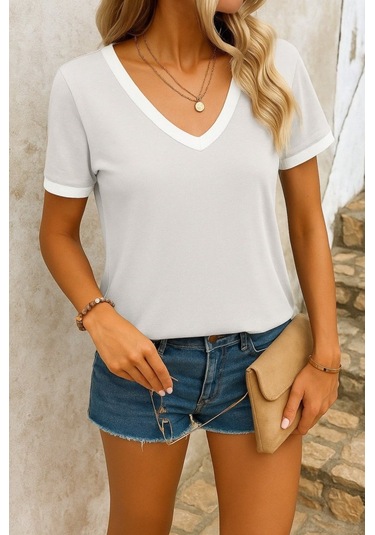 Modasize Kadın Kısa Kollu V Yakalı Viskon Bluz Gri