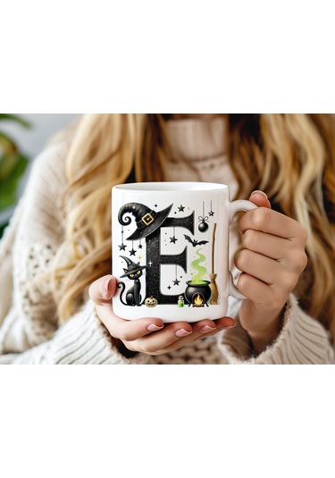 E Harfli Halloween Kedili Figür Kupa Bardak - Şapkalı Ve Kazanlı İsme Özel Kupa - Hediye 07 Beyaz