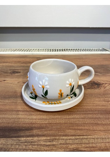 D.papatya Desenli El Yapımı Seramik Fincan, Kupa Seti Ve Şekerlik