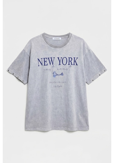 Itsbasic Kadın Antrasit S6-13 Oversize New York Baskılı T-shirt