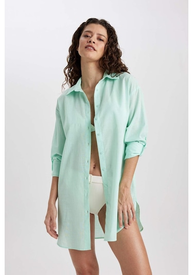 DeFacto Regular Fit Pamuklu Plaj Gömleği-Fall in Love W8241AZ24SMGN1229 Yeşil