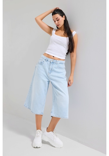 Itsbasic Kadın Ice 4s6-3 Süper Baggy Fit Maxi Boy Bermuda Denim Şort Ice Rengi