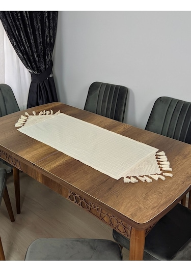 El Dantelli Püsküllü Runner Ranır Örtü Buldan Işi Monika Keten Sehpa Masa Üstü Örtüsü Şömen 45x100