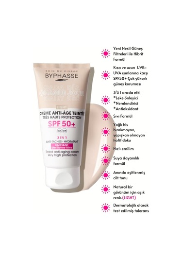 Byphasse Anti-Aging 3'ü 1 Arada Renkli Güneş Kremi Light SPF50+ 50 ML