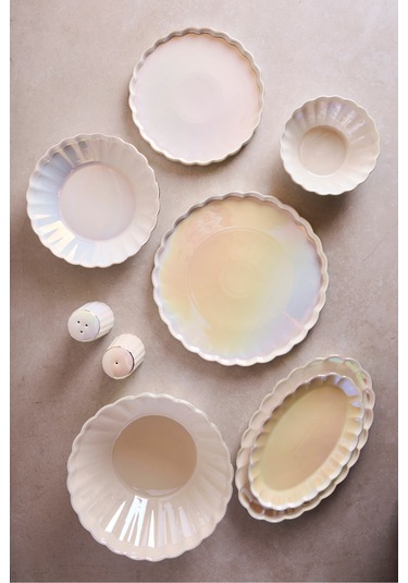 İstanbul Pearl 29 Parça 6 Kişilik Porselen Yemek Takımı Parlak Sedefli Servis Seti Beyaz Beyaz