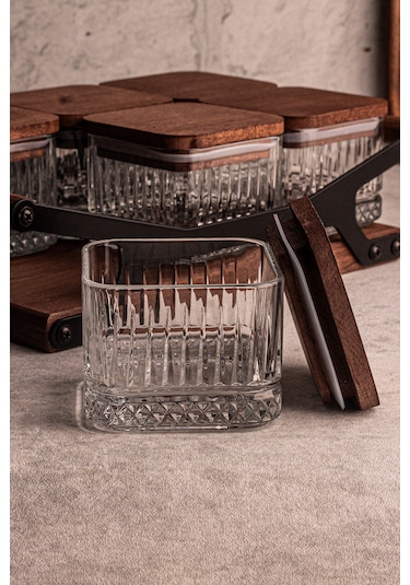 Snippy Grade Bella Kare 6'lı Ahşap Tepsili Cam Kahvaltılık Ahşap - Şeffaf