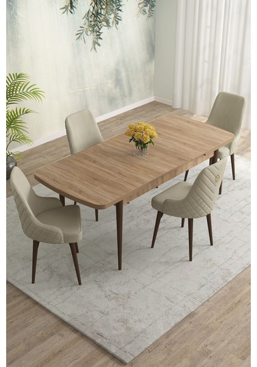 Meri Serisi 80x132 Açılabilir Mdf Meşe Masa Takımı 4 Lacivert Sandalye Kahve Ayak Krem