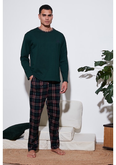 Buratti Pamuklu Regular Fit Bisiklet Yaka Ekoseli Erkek Pijama Takımı 6574001 Yeşil