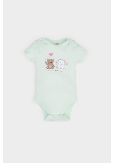 DeFacto Kız Bebek Yenidoğan Bisiklet Yaka Baskılı Ribana Kısa Kollu Çıtçıtlı Body E8243A525SMGN1250 Yeşil