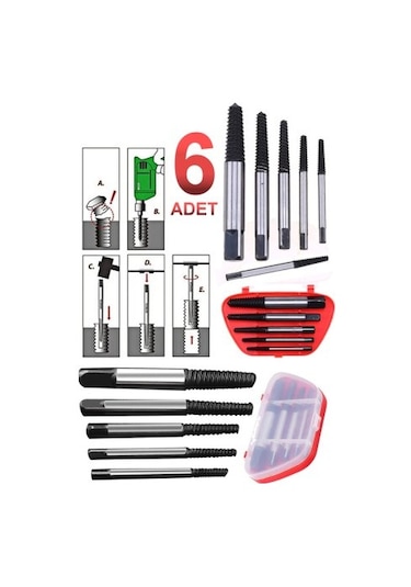 6 Parça Ters Kılavuz Pro Seti Çelik Kırık Civata Sökücü Vida Kald