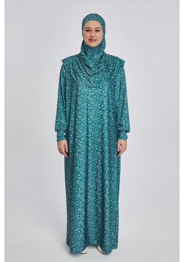 Pratik Tek Parça Çiçek Desenli Namaz Elbisesi Petrol Petrol Mavi
