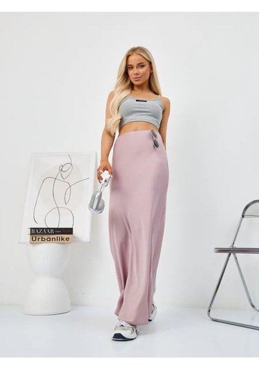 Cenzura Saten Maksi Etek 413342280 Tozlu Pembe