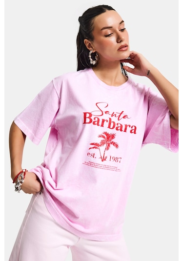 Itsbasic Kadın Pembe S6-98 Oversize Santa Barbara Baskılı %100 Koton T-shirt