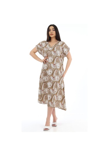 Schık Kadın Viskon Yarım Kol V Yaka Halkalı Cepli Elbise Kahve Kahverengi