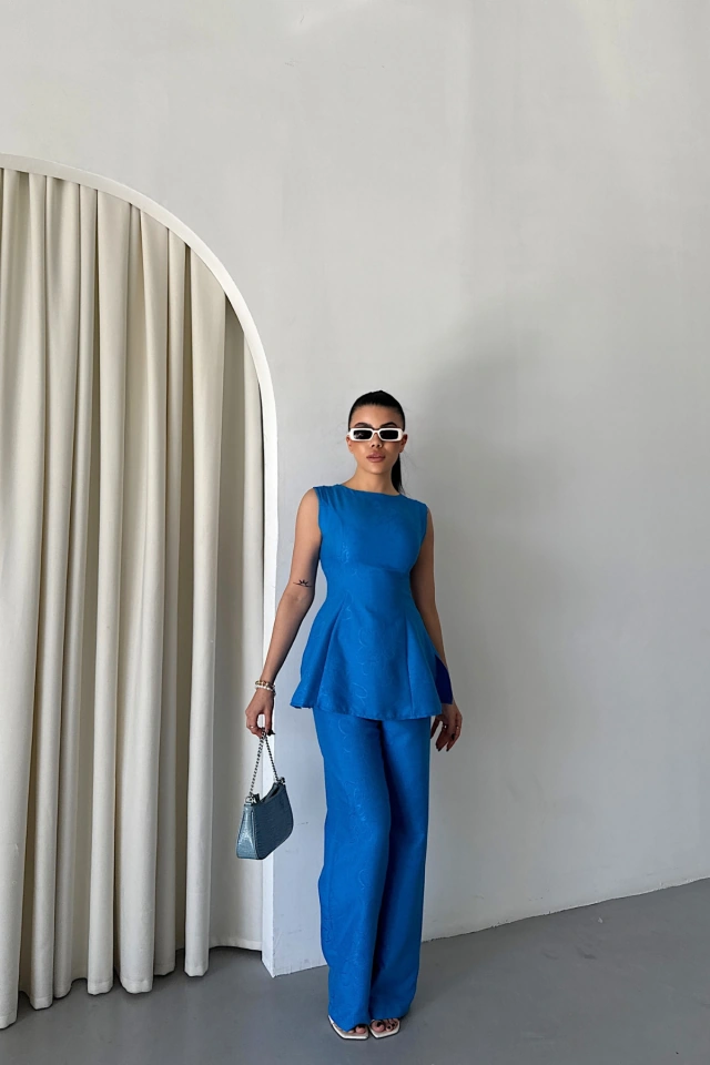 Emh Store Jakar Keten Kolsuz Bluz-pantolon Tk - Mavi Mavi