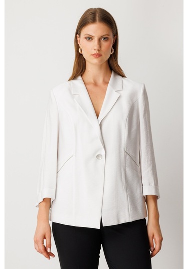 Ekol Şerit Taş Detaylı Duble Kol Ceket Ekru