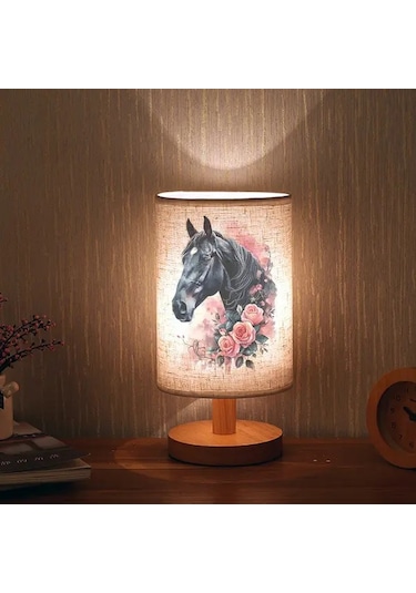 Willowhaven 24x10 Kara At Baskılı Ahşap Renk Masa Lambası Led Işık Usb Şarjlı Yatak Başı Lamba Hediye Füme