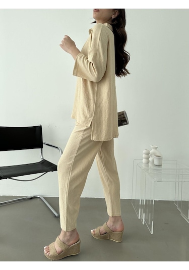 Kadın Polo Yaka Üst Pantolon Ikili Takım Bej
